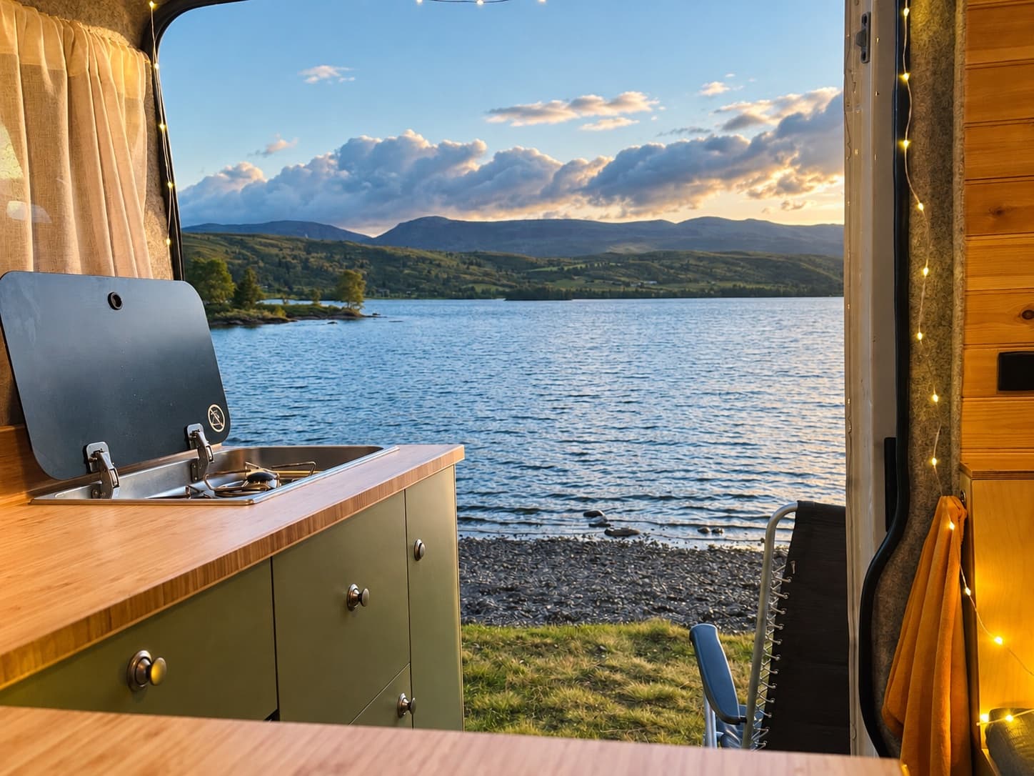 Campervan-Küche mit Blick auf See und Berge